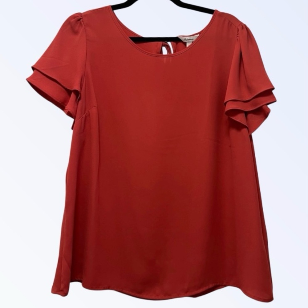 Reitmans Women’s Blouse Size L Short Ruffle Sleeves Terracotta/Dusty Red
